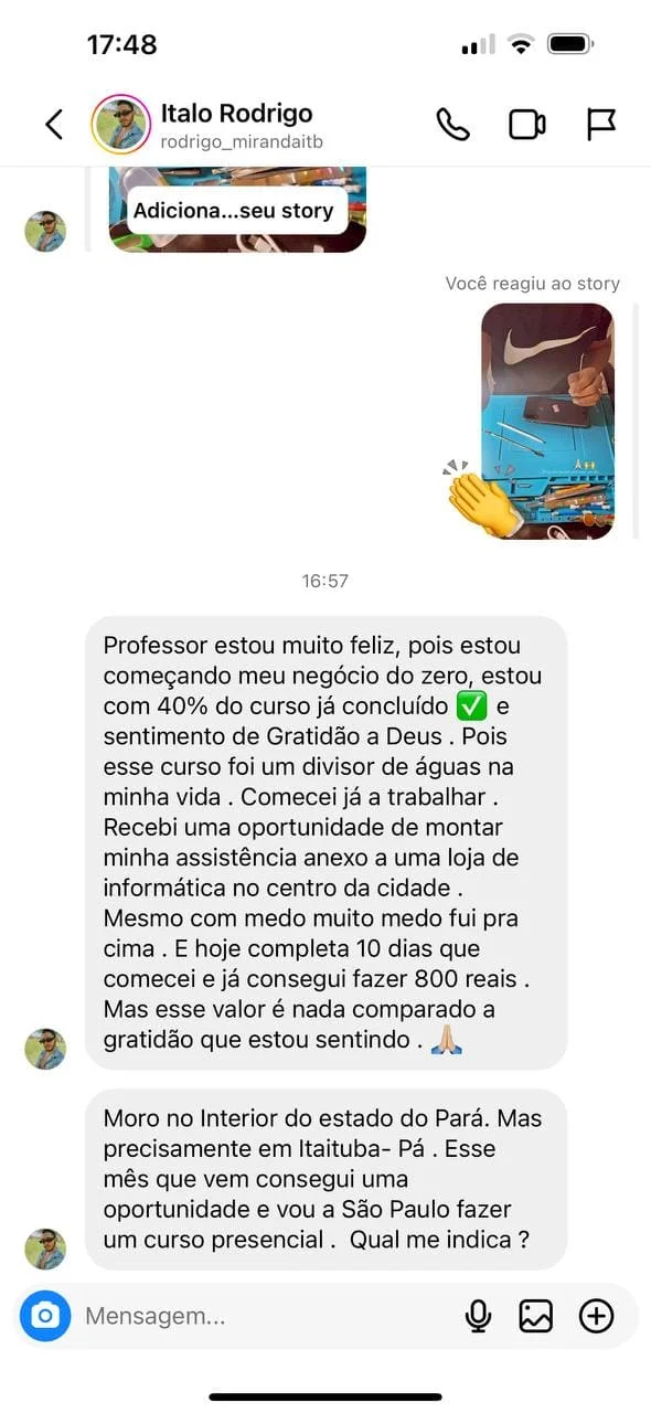 Curso de Manutenção de Celular Online 11 Depoimento por mensagem 3