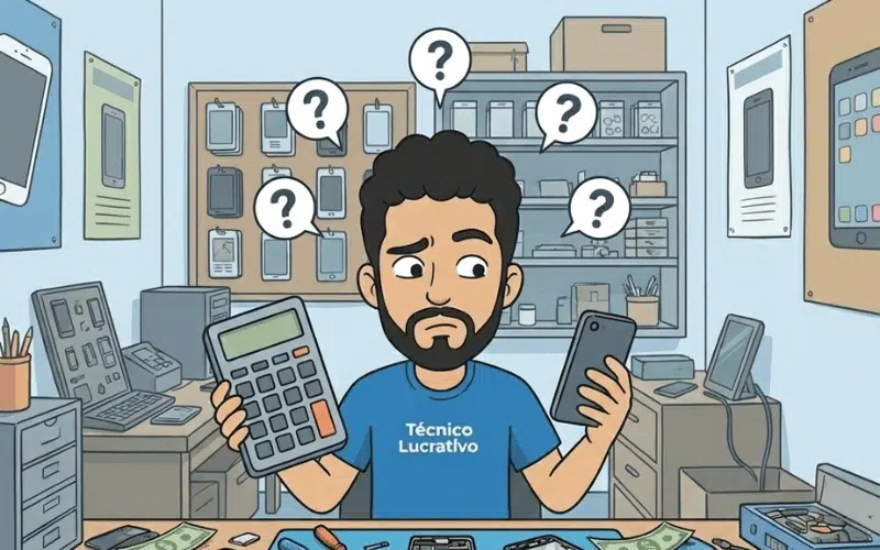 Como precificar conserto de celular do jeito certo 1 Técnico de celular analisando Como precificar conserto de celular do jeito certo, com calculadora na bancada