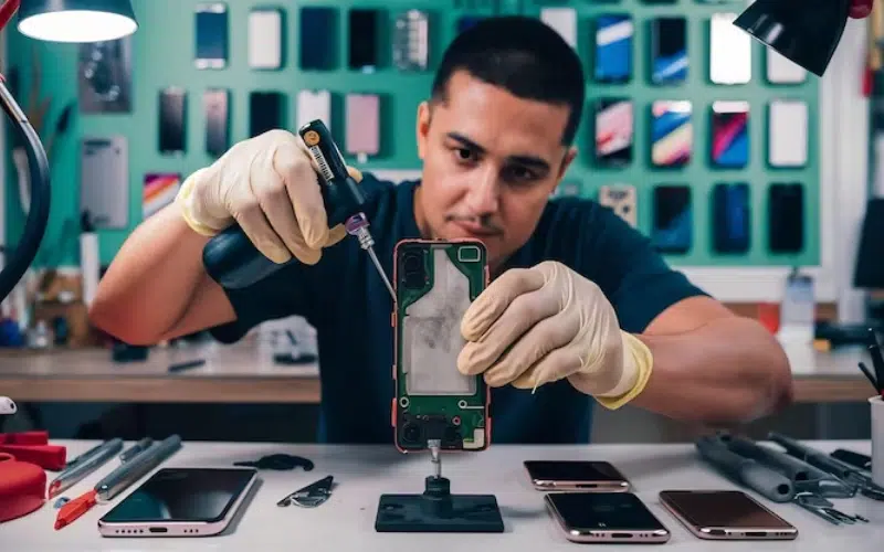 Técnico utilizando ferramentas essenciais para consertar celulares em 2026 Técnico utilizando ferramentas essenciais para consertar celulares em 2026