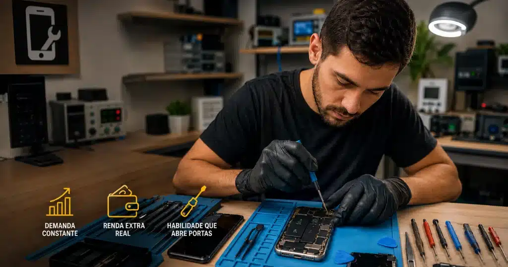 Manutenção de celulares dá dinheiro? O que considerar antes de começar 1 Manutenção de celulares dá dinheiro com técnico reparando smartphone em bancada organizada